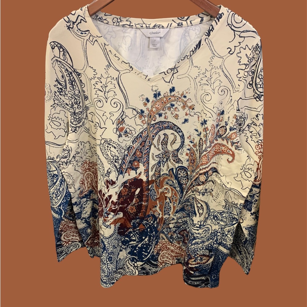 Cj Banks plus size, long sleeve, v neck, cotton/spandex blend top